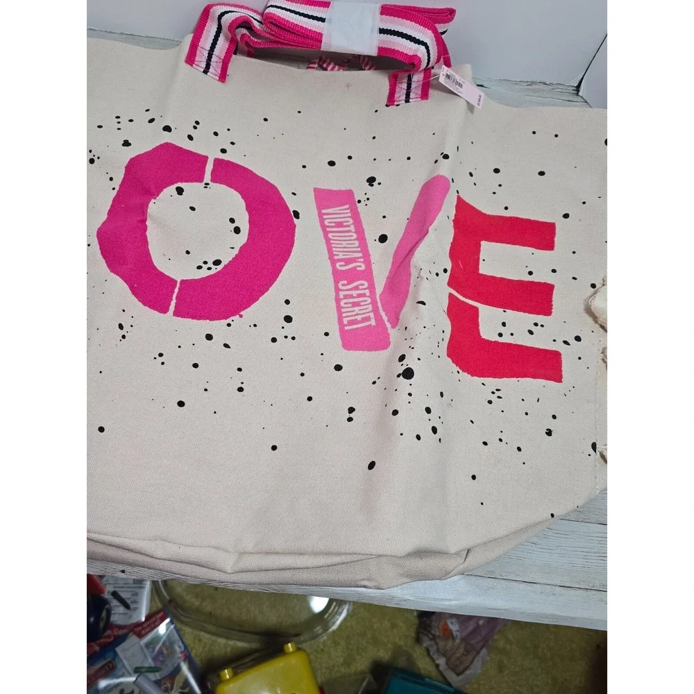 Victoria's Secret Tote Bag Large Canvas Weekender Love ‎ Beach Tassels NWT $59